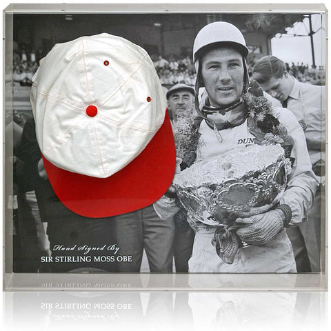 Stirling Moss Hand Signed Ferrari Formula 1 Baseball Cap Display AFTAL COA