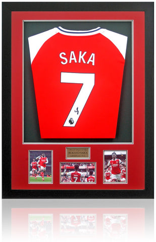 Bukayo Saka Arsenal Hand Signed Framed Home Football Shirt AFTAL COA