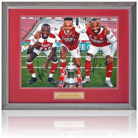 Aubameyang, Lacazette and Pepe Hand Signed 16x12'' Framed Arsenal FC Photograph AFTAL Certified