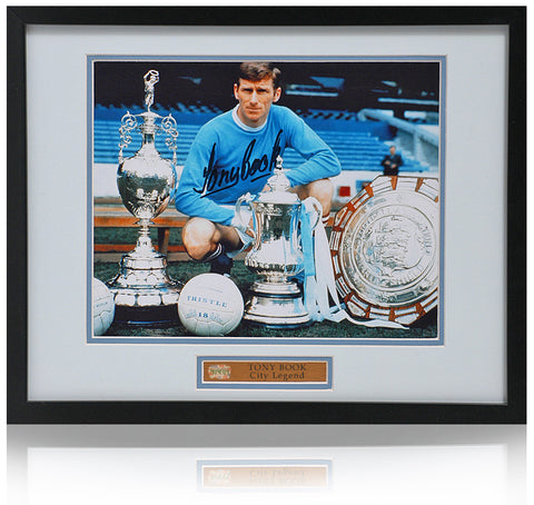 Tony Book Hand Signed 10x8'' Manchester City Trophy Photograph AFTAL COA
