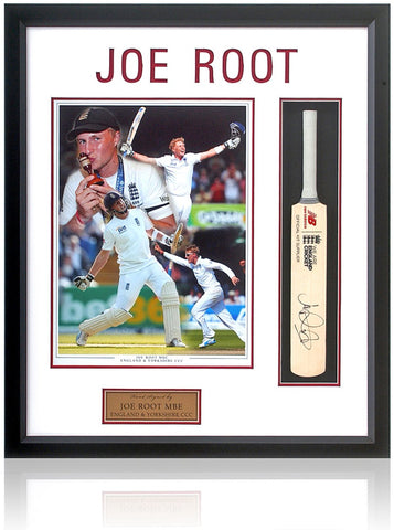Joe Root MBE Hand Signed Mini Cricket Bat Presentation AFTAL COA