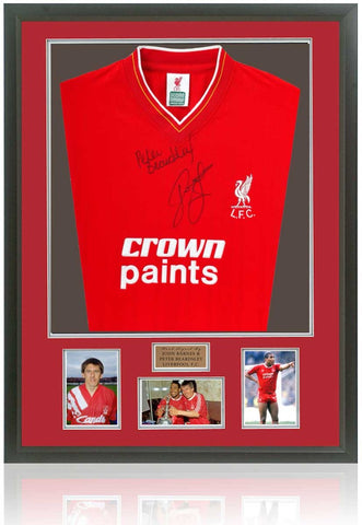 John Barnes & Peter Beardsley Hand Signed Liverpool FC Shirt AFTAL Photo Proof COA