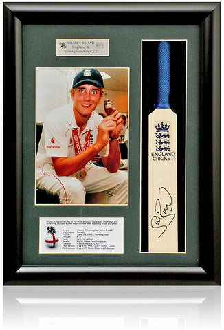 Stuart Broad MBE England Hand Signed Mini Cricket Bat Presentation AFTAL COA