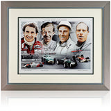 Legends of Formula One Montage Hand Signed by Moss, Brooks, Watson, and Attwood COA